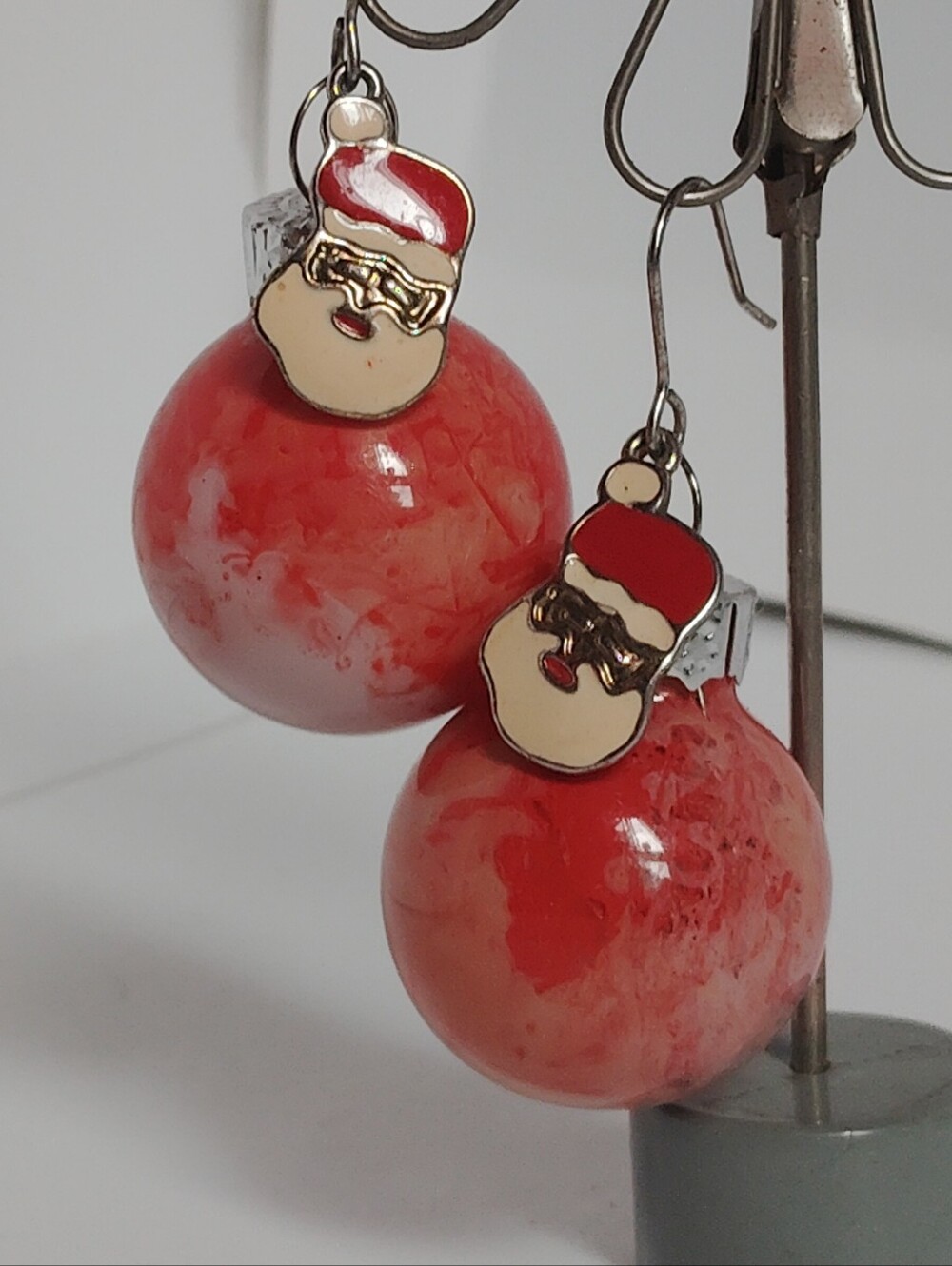 Handmade 1" Round Holiday Red & White Santa Bauble Earrings Christmas Balls
